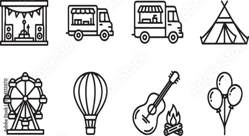 A collection of various icons representing travel, adventure, and leisure activities. Vector