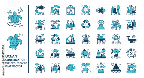 Ocean conservation icons set flat vector illustrations for marine life and sustainability with turtle whale and eco friendly symbols