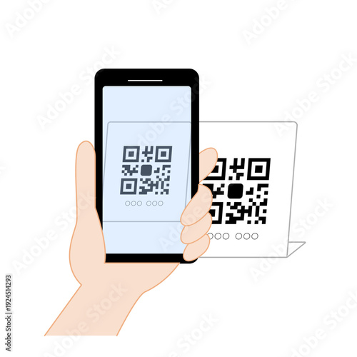 フラットデザイン | スマホをかざしてQRコードを読み取る手と店頭決済端末のイラスト | キャッシュレス決済の利用シーン