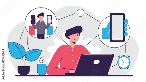 Modern person works on laptop at a desk, multitasking with smartphone interactions and digital content management.