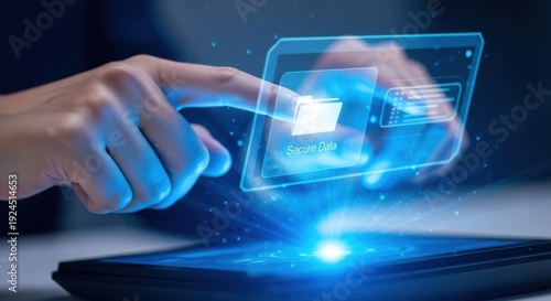 Closeup of hands selecting secure folder on hologram, blurred background, blue lighting, data protection, sharp focus, high detail.