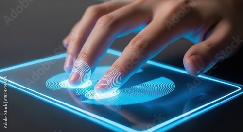Closeup of hands scanning fingerprints on holographic sensor, blurred background, neon blue light, identity security, sharp focus detail.