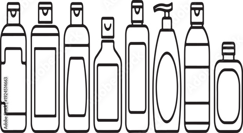 Assorted bottles and containers in a row with different shapes and sizes Vector