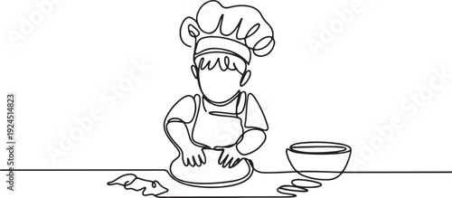 continuous line drawing of child making bread.single line drawing of little chef one line drawing