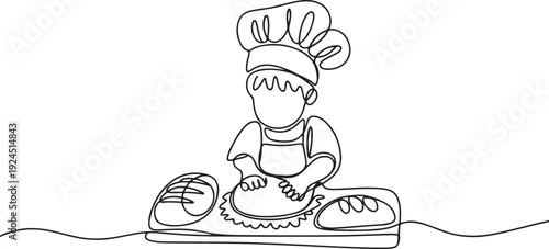 continuous line drawing of child making bread.single line drawing of little chef one line drawing