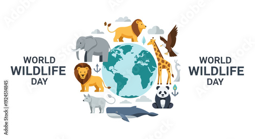 Infographic illustration of World Wildlife Day concept with various animals and a globe on a map, symbolizing conservation and nature, with a design featuring icons and a business-like