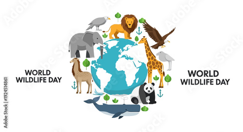 Infographic illustration celebrating World Wildlife Day with a globe surrounded by various animals on a white background with icons.