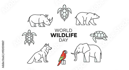 Vector illustration of various endangered animals including a rhino, bear, elephant, and turtle for World Wildlife Day conservation concept with a globe and map in the background.
