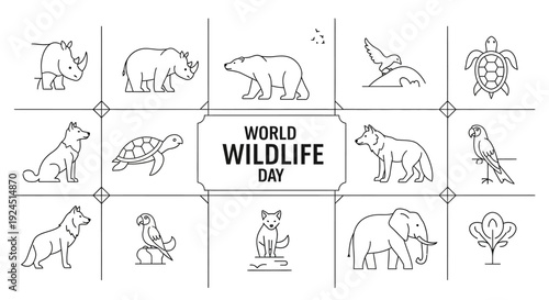 Illustration of various wildlife icons for World Wildlife Day concept with a globe map background, featuring animals and conservation design elements in a vector style.