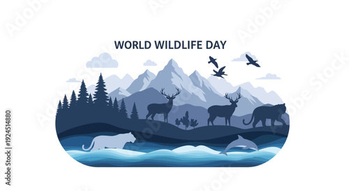 Vector illustration of a World Wildlife Day concept featuring a diverse range of animals in their natural habitats, set against a stylized globe with mountains, forests, and water,
