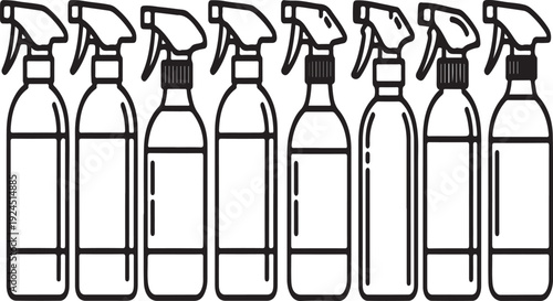 An assortment of spray bottles in a single row, showcasing various sizes and shapes. Vector