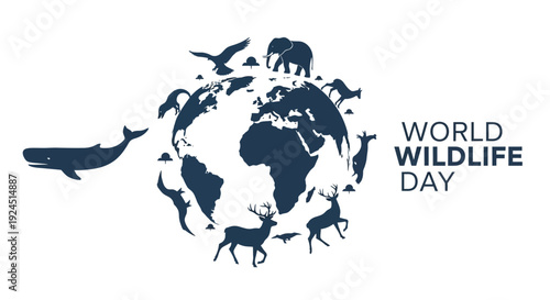 Vector illustration of a globe surrounded by various animal silhouettes on World Wildlife Day with a conservation concept and map design.