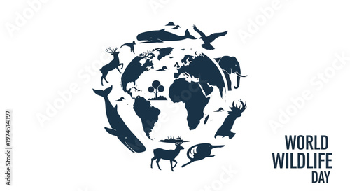 Vector illustration of a globe surrounded by various animal silhouettes on World Wildlife Day with a concept of conservation and nature.