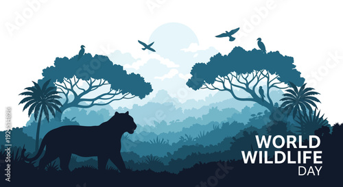 Vector illustration of a World Wildlife Day concept with a globe map, featuring a lion, trees, and birds in a nature conservation design for business and educational purposes.
