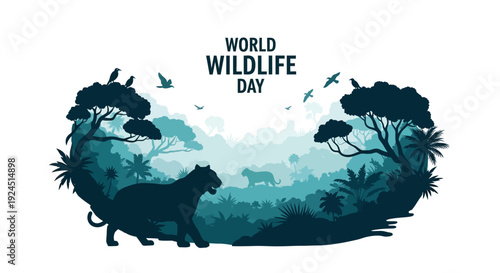 Vector illustration of a World Wildlife Day concept featuring a lion, globe, and map elements in a nature-inspired design with a conservation theme.