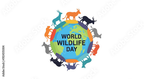 Vector illustration of a globe surrounded by various animals for World Wildlife Day, symbolizing conservation and wildlife protection globally.