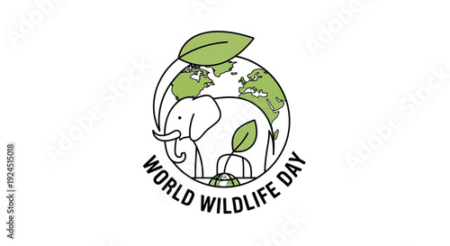Illustration of a white elephant on a globe with green leaves for World Wildlife Day, symbolizing conservation and nature, in a design concept for infographic or icon.