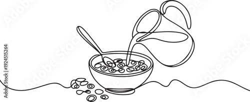 Continuous one line drawing of cereal breakfast one line drawing