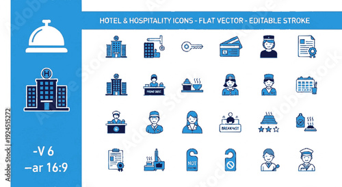Collection of 20 blue hotel and hospitality icons including staff services and facilities in flat vector style on white background for web