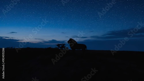 A dark silhouette of a lion stands atop a grassy hill, gazing into the distance. The faint glow of starlight illuminates the horizon, creating a serene atmosphere in the wild night