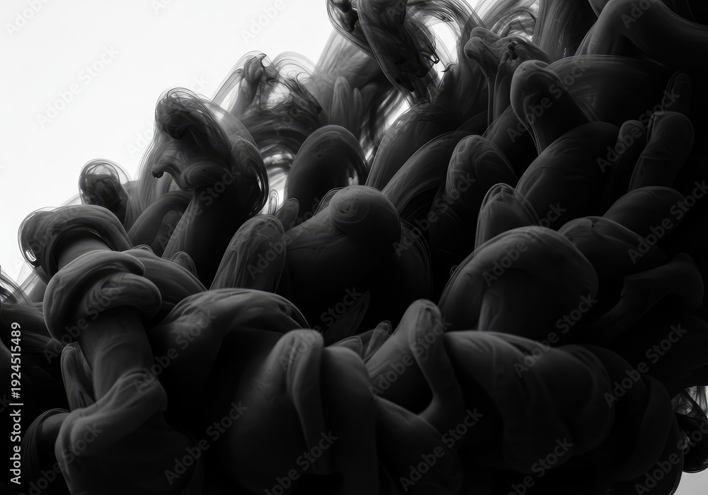 Obraz premium High-contrast black and white abstract background with flowing liquid ink shapes creating a dramatic and artistic textural composition and deep contrast, dark, smoke, modern