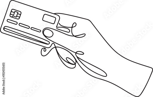 Hand holding bank credit card in continuous one line symbol drawing. Concept for banking, contactless payment. Silhouette line art vector illustration