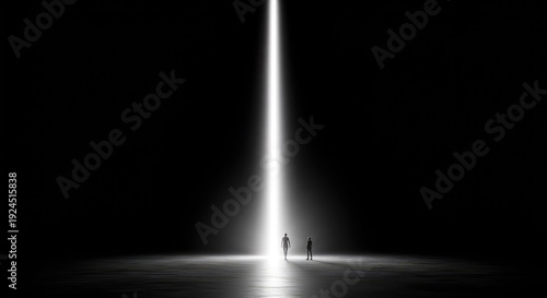 Minimalist ethereal white light beam piercing infinite black darkness. Abstract, futuristic, and conceptual void background texture design, illumination, geometric, pure