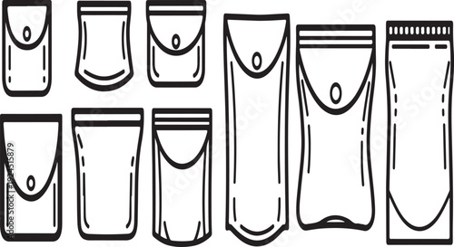 A variety of different types of bags and pouches in a line Vector