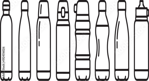 Assorted bottles and containers displayed in a row Vector