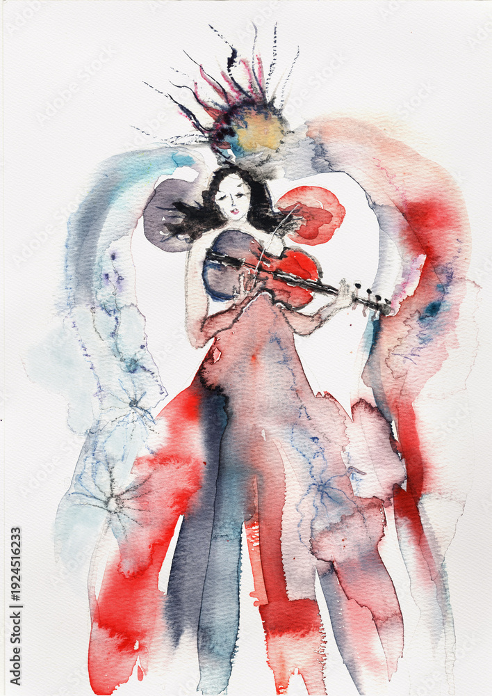 Naklejka premium Hand Painted Watercolor Angel Playing Violin, Expressive Spiritual Woman Figure, Contemporary Celestial Art Illustration