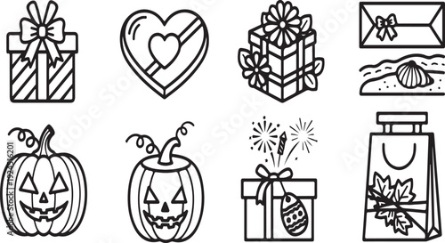 Assorted black and white drawings of holiday-themed items and symbols Vector