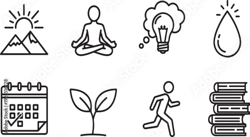 Icons representing personal growth, self-care, and learning. Vector