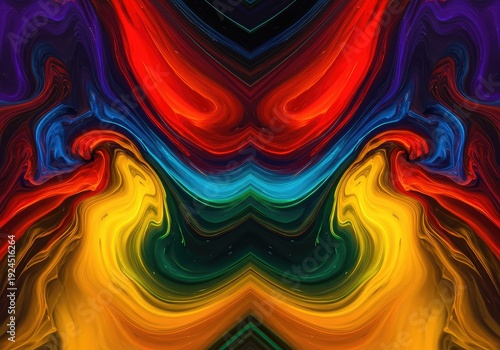Symmetrical abstract pattern featuring vibrant swirling colors and intricate mirrored textures, creating a sense of depth and balanced chaos, decoration, chaotic, background
