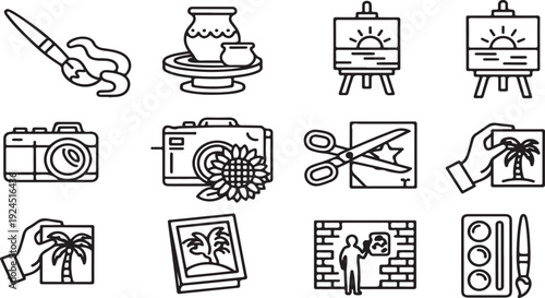 A collection of various art and craft supplies and tools. Vector