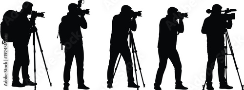 Black silhouettes of professional photographers and videographers with cameras and tripods, media press crew, isolated on white background, vector illustration.