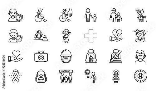 Children Protection and Safety Thin Line Icon Set Pixel Perfect Vector