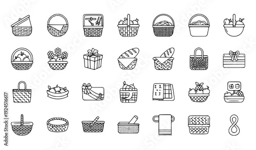 Decorative Wicker Basket Outline Icons Minimal Line Vector Pack