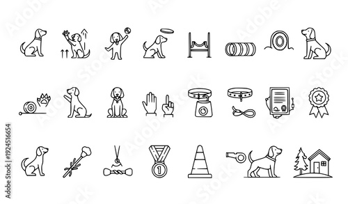 Dog Training Icons Pixel Perfect Line Vector for Obedience and Agility
