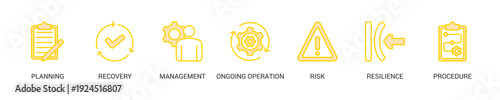 Business Continuity Lineal Yellow Icon Set For Web Banner. Vector Illustration Concept With Some Icons. Designed In Lineal Yellow Style