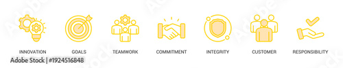 Core Values Lineal Yellow Icon Set For Web Banner. Vector Illustration Concept With Some Icons. Designed In Lineal Yellow Style