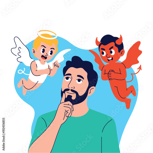 Bearded man ponders ethical dilemma between angel and devil figures above him.