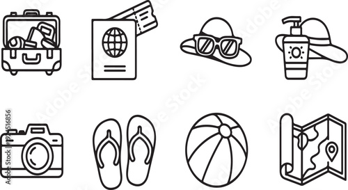 Vacation essentials and activities illustrated in a simple line drawing Vector