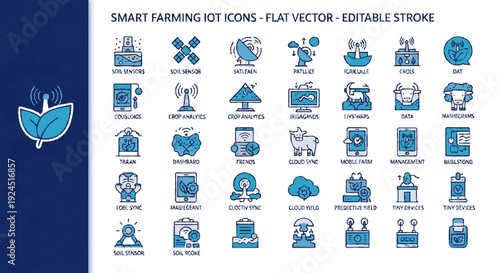Collection of 28 blue smart farming iot icons on white background with editable stroke for agricultural technology designs