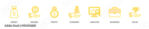 Cash Flow Lineal Yellow Icon Set For Web Banner. Vector Illustration Concept With Some Icons. Designed In Lineal Yellow Style
