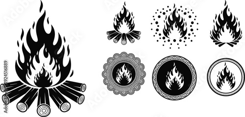 Campfire and bonfire vector set, black and white flame icons with logs, wood fire silhouettes for camping, outdoor adventure, isolated.