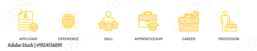 Traineeship Lineal Yellow Icon Set For Web Banner. Vector Illustration Concept With Some Icons. Designed In Lineal Yellow Style