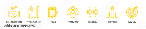 Partnership Lineal Yellow Icon Set For Web Banner. Vector Illustration Concept With Some Icons. Designed In Lineal Yellow Style