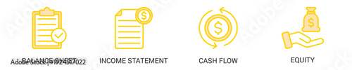 Financial Statement Lineal Yellow Icon Set For Web Banner. Vector Illustration Concept With Some Icons. Designed In Lineal Yellow Style