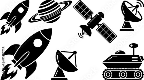 Space Exploration Vector Icons Set: Rockets, Satellite, Planet, Rover, Radio Telescopes. Modern Astronomy & Sci-Fi Graphics.