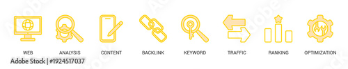 Seo Lineal Yellow Icon Set For Web Banner. Vector Illustration Concept With Some Icons. Designed In Lineal Yellow Style